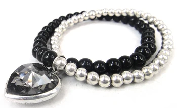 Besplatno izravna dostava, ženski, crni dragi kamen sa sjajnim crnim kristalne браслетом u obliku srca, perle od legure, rastezljiva narukvica