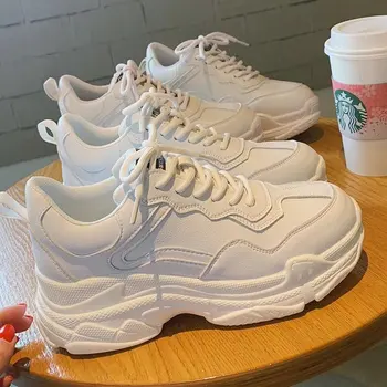 Bijela ženska obuća, masivni tenisice za žene, bijeli вулканизированная cipele čipka-up, casual modna obuća za tatu, tenisice na platformu