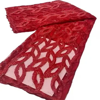 Crvena Najnoviji Afrička cvjetne čipke tkanina 5 metara 2023 godine, kvalitetan Švicarski vez, Nigerijski kamenje, materijal za šivanje, Francuska тюлевое čipka