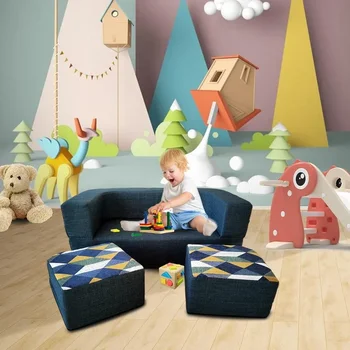 Dječji kauč LISM, 4 kom., pjena s učinkom memorije, Sklopivi dječji kauč na razvlačenje, igra stolica-kauč za dječake i djevojčice, tamno plava