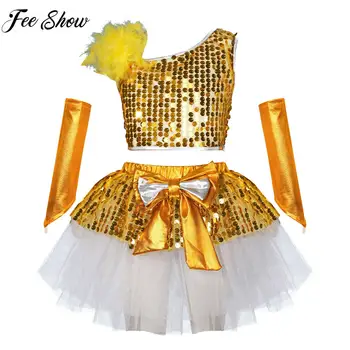 Dječji plesni kostim za djevojčice, skraćeno top bez rukava sa šljokicama, suknja-kutiju s lukom, sjajne metalne rukavice