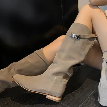 ENMAYER Buckle 2023, nove kožne cipele proljeće bez spojnica, hit prodaja, ženske cipele u zapadnom stilu, čizme do koljena na srednje kvadratnom petu