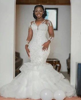 Luksuzne svadbene haljine Sirena s V-izrez i nabora, Dubai, Afrička oblog, čipke, Duge rukave, vjenčanica, haljina Plus size
