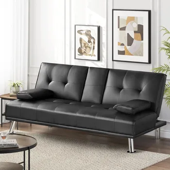 Luksuzni moderni futon od umjetne kože jer držač čaša i jastuka, crna
