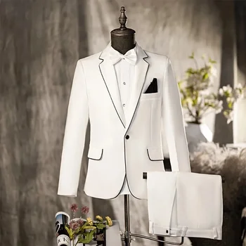 Muška bijela odijela od tanke crne linije, приталенный rezove, vjenčanje college mladoženja na jedan preklopni odijelo sportska jakna za muško odijelo, šivana po mjeri