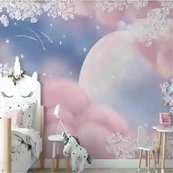 Pozadina sa сакурой u skandinavskom stilu za dječju sobu Ruzicastim oblacima Zvjezdano nebo Pozadina dječje sobe Pozadina za uređenje doma Freska