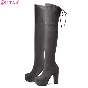 QUTAA 2020, ženske čizme iznad koljena, Malčice elegantne zimske cipele ženske čizme na platformu s trga peta i okruglim vrhom, veličina 34-43