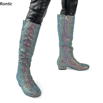 Rontic, Nove ženske zimske čizme do koljena, unisex, ravnim cipelama, s okruglim vrhom, predivna ljubičasta večernje cipele, velike veličine SAD-5-20