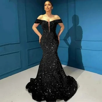 Večernje haljine s crnim šljokicama, sjajna Sirena s otvorenim ramenima, ženske haljine Vestidos De Fiesta 2024, Arapski običaj