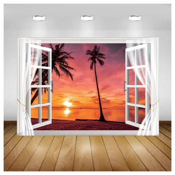 Vinilni podovi prozor na red, Plaža, Kokos palma, pozadina za fotografiranje, Rekviziti, Scenografija, Dizajn prostora trgovačkog centra, podloga za foto-studio HH-17