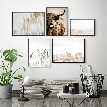 Zidno slikarstvo na platnu Pšenica je biljka, nordijsko alpska krava, alpaka, plakata i grafika, zidne slike krajolika za uređenje dnevnog boravka.