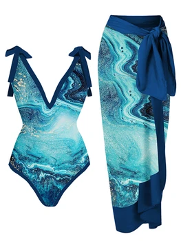 starinski jednodijelni kupaći kostim sa po cijeloj površini u obliku u boji blok V-neck, 2023, Ženske kupaće kostime, plavi bikini i suknja za ljetni odmor, plaža odjeća