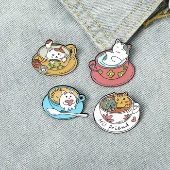 Šalica, emajl pin s mačkom, izrađen po mjeri, slatka mačke, kava broš, torba, pin na rever odjeće, ikona mačića u kafić, ukrasa u obliku životinja, dar za prijatelje-djecu